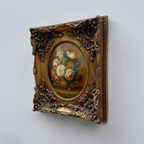 Original Rose Oil Painting, Oval Canvas with Ornate 3D Integrated Molding Baroque Gilded Frame - Vintage Oil Painting - Arden Gallery