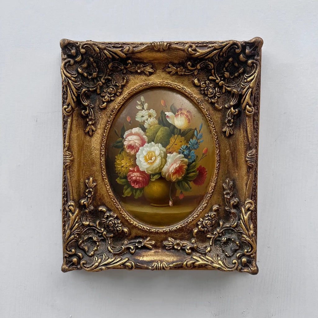 Original Rose Oil Painting, Oval Canvas with Ornate 3D Integrated Molding Baroque Gilded Frame - Vintage Oil Painting - Arden Gallery