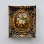 Original Rose Oil Painting, Oval Canvas with Ornate 3D Integrated Molding Baroque Gilded Frame - Vintage Oil Painting - Arden Gallery