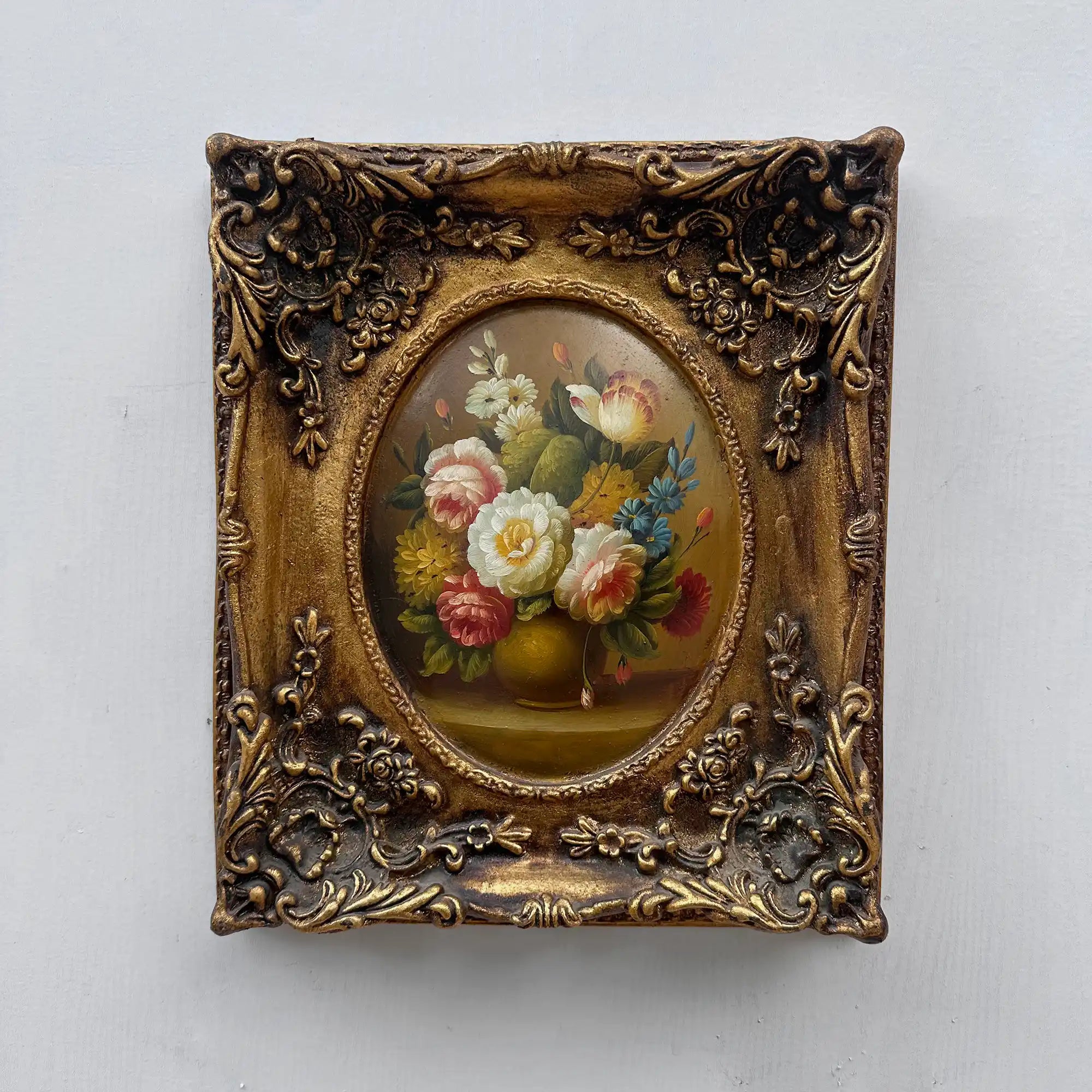 Original Rose Oil Painting, Oval Canvas with Ornate 3D Integrated Molding Baroque Gilded Frame - Vintage Oil Painting - Arden Gallery