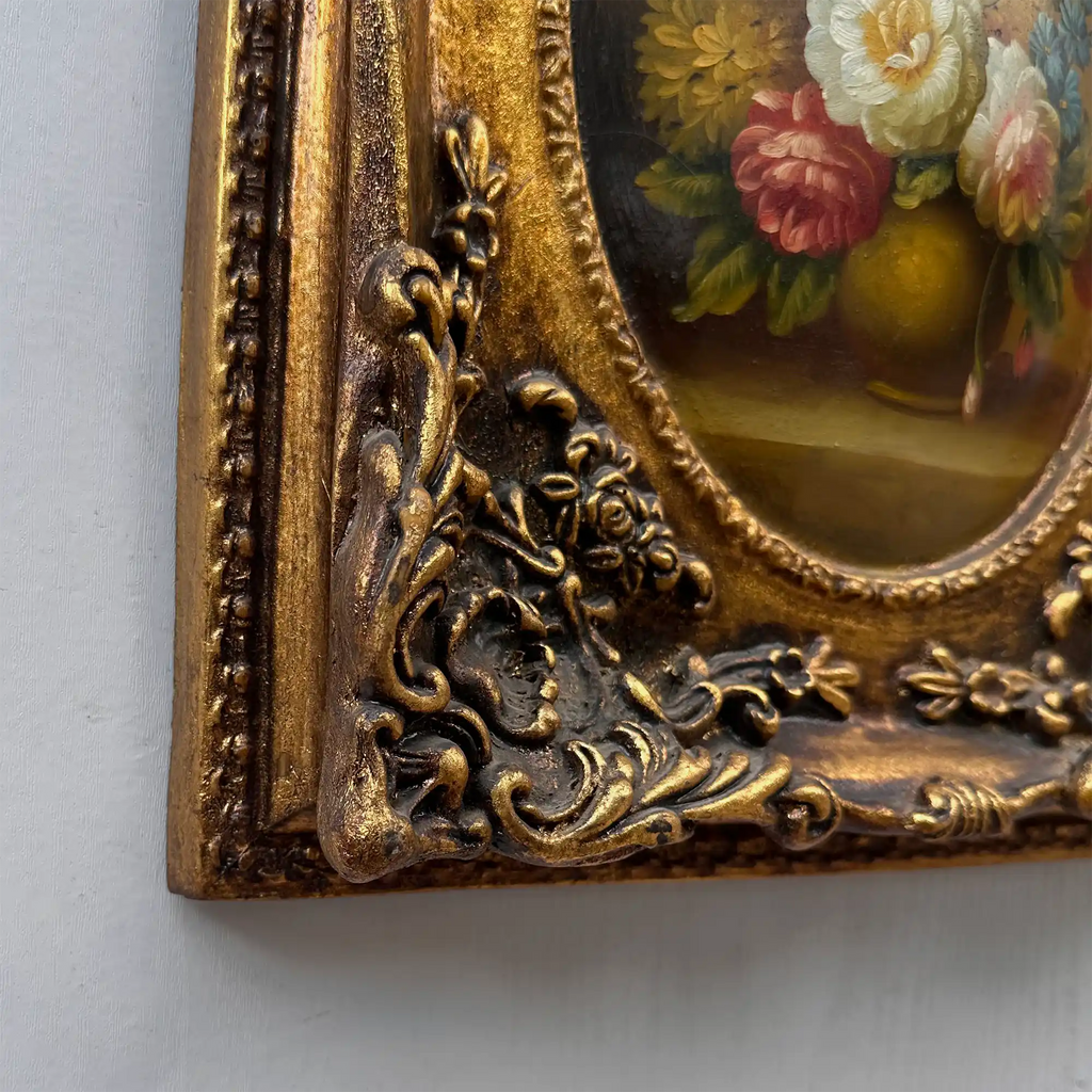 Original Rose Oil Painting, Oval Canvas with Ornate 3D Integrated Molding Baroque Gilded Frame - Vintage Oil Painting - Arden Gallery