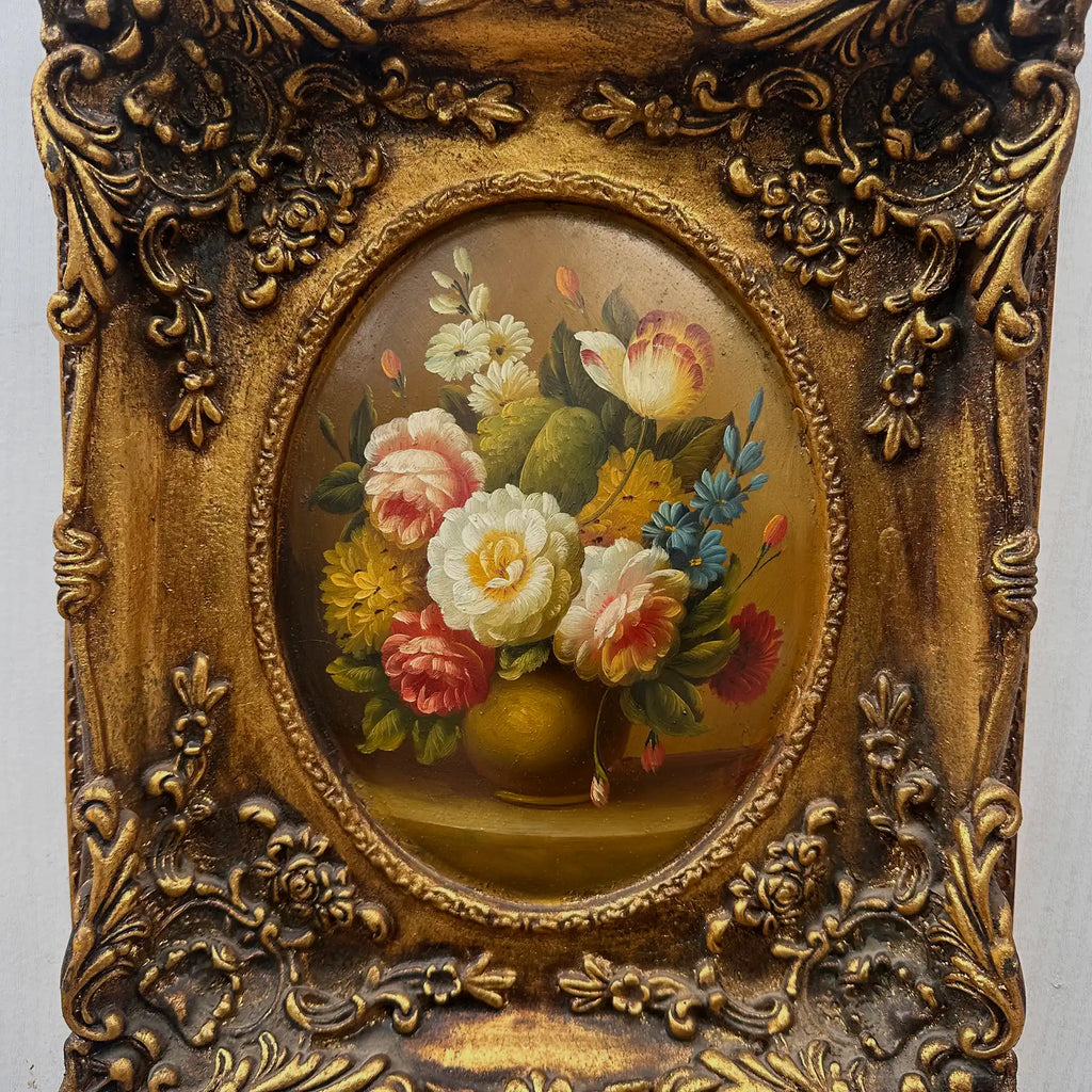 Original Rose Oil Painting, Oval Canvas with Ornate 3D Integrated Molding Baroque Gilded Frame - Vintage Oil Painting - Arden Gallery
