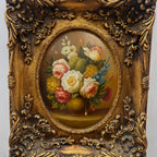 Original Rose Oil Painting, Oval Canvas with Ornate 3D Integrated Molding Baroque Gilded Frame - Vintage Oil Painting - Arden Gallery
