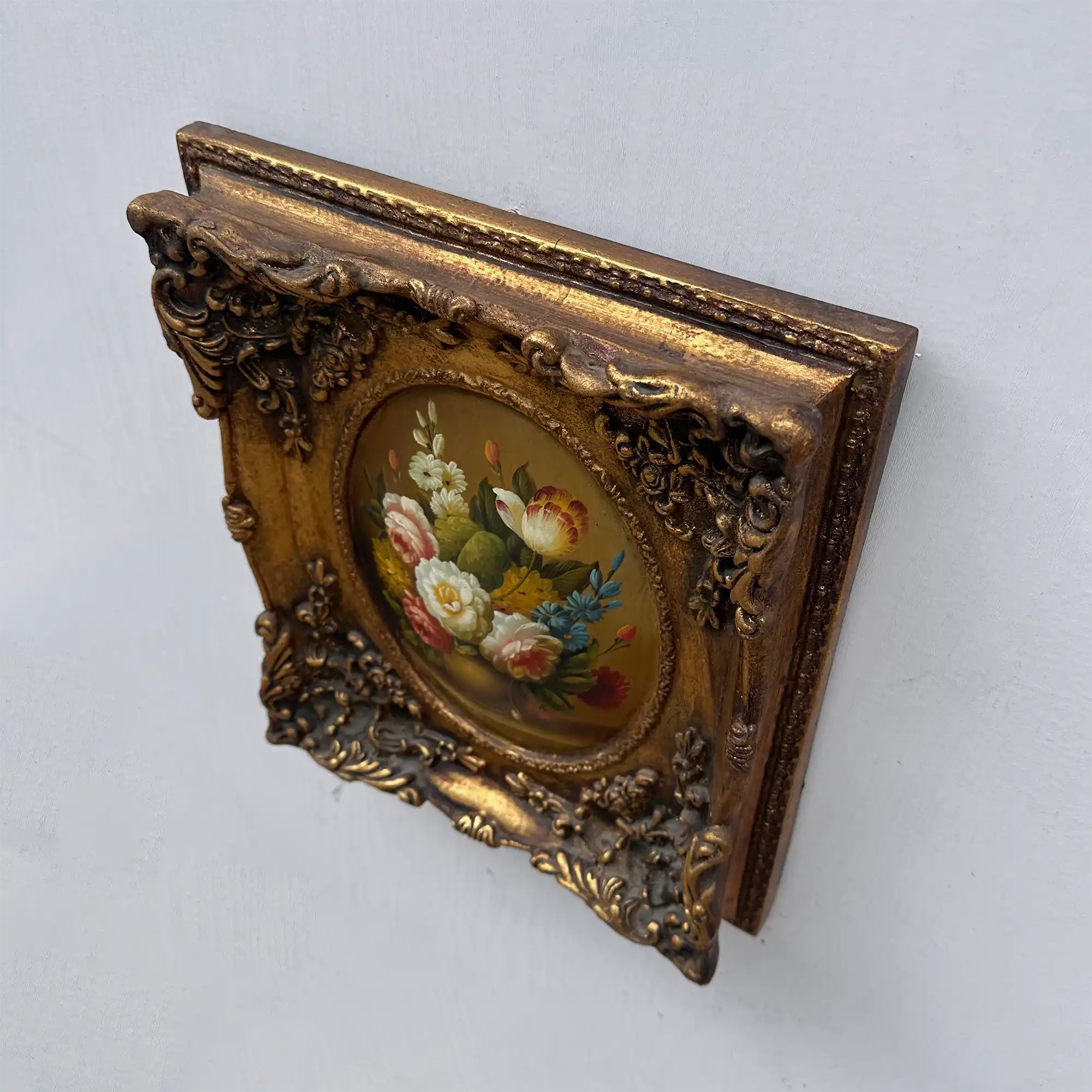 Original Rose Oil Painting, Oval Canvas with Ornate 3D Integrated Molding Baroque Gilded Frame - Vintage Oil Painting - Arden Gallery