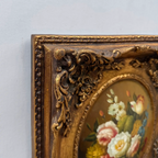 Original Rose Oil Painting, Oval Canvas with Ornate 3D Integrated Molding Baroque Gilded Frame - Vintage Oil Painting - Arden Gallery