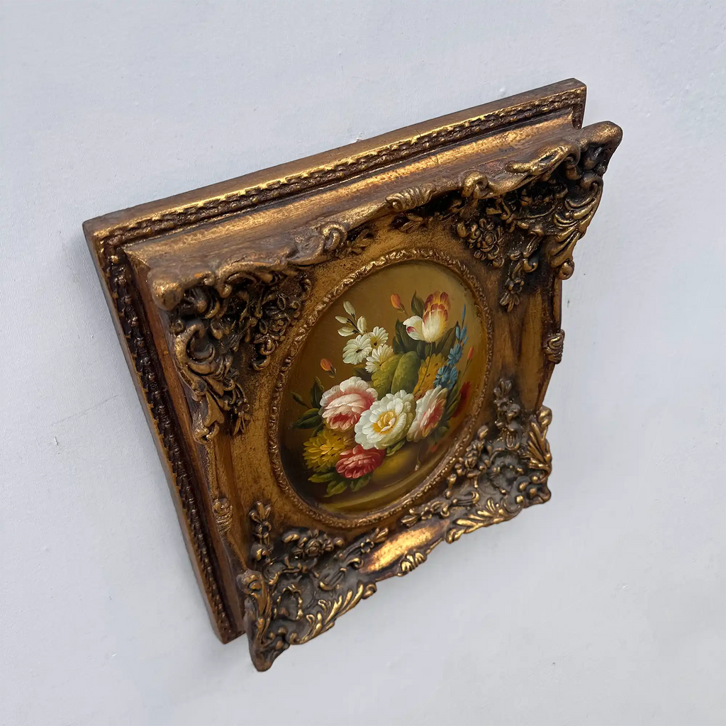 Original Rose Oil Painting, Oval Canvas with Ornate 3D Integrated Molding Baroque Gilded Frame - Vintage Oil Painting - Arden Gallery