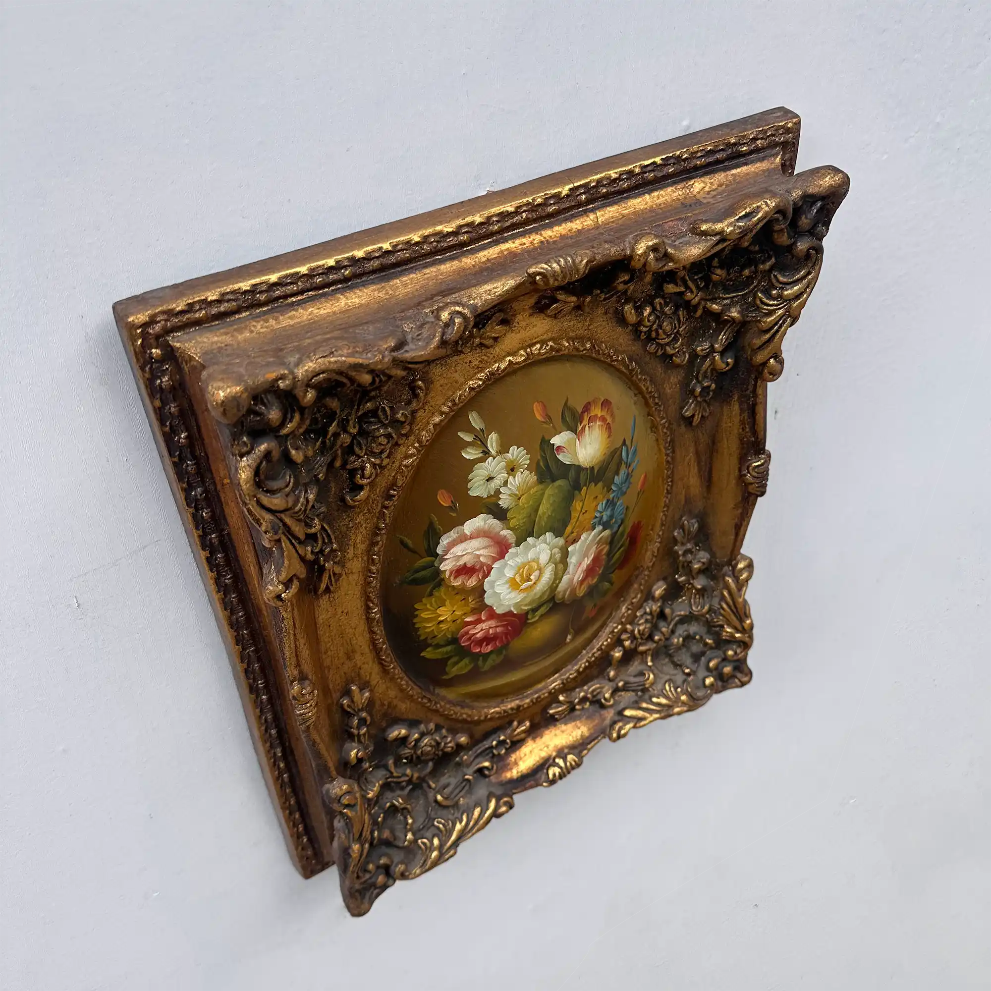 Original Rose Oil Painting, Oval Canvas with Ornate 3D Integrated Molding Baroque Gilded Frame - Vintage Oil Painting - Arden Gallery