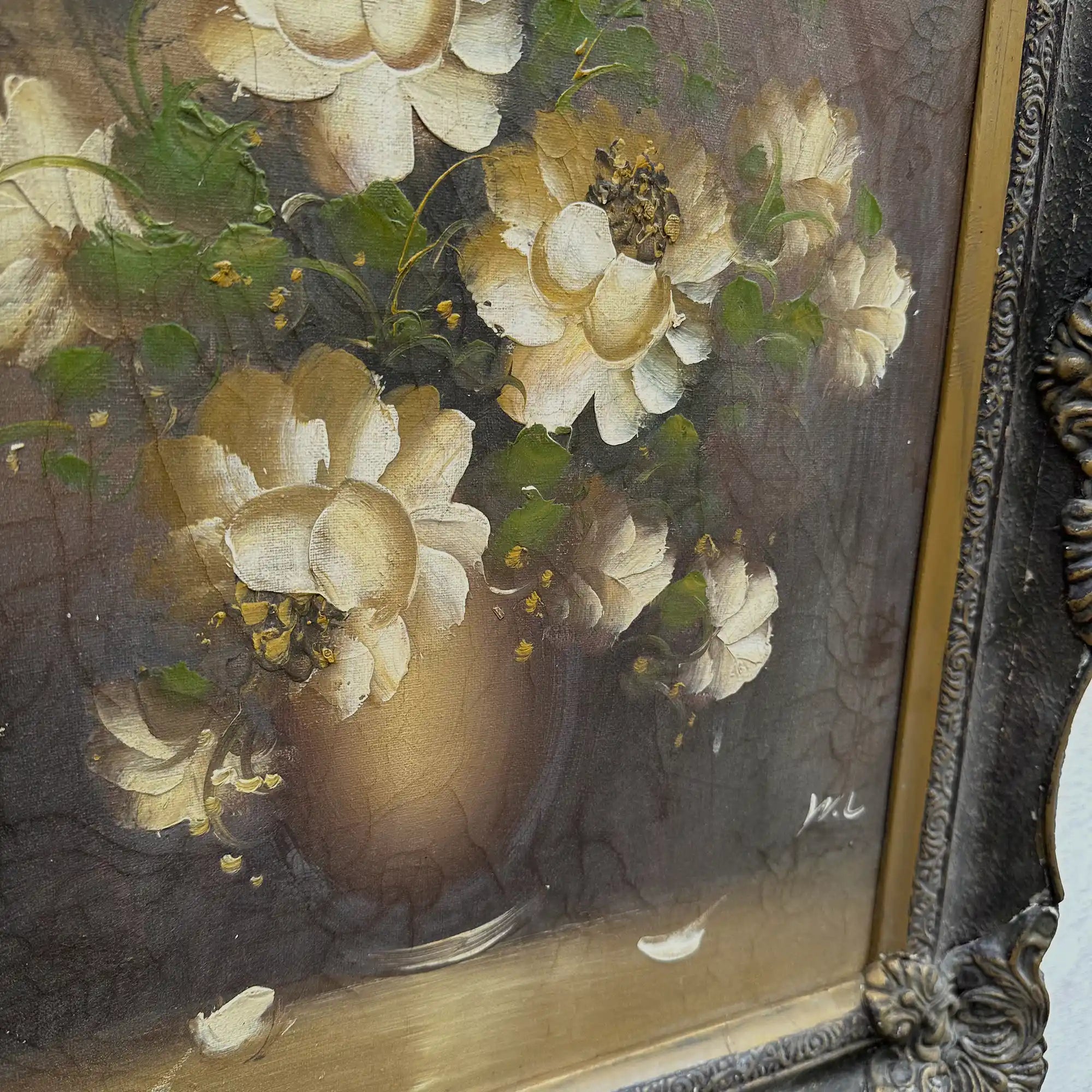 Original Signed Floral Still Life Hand-Painted Oil Painting with Natural Craquelure in Baroque Aged Gold Frame ( with Frame 56 x 66 cm ) - Vintage Oil Painting - Arden Gallery