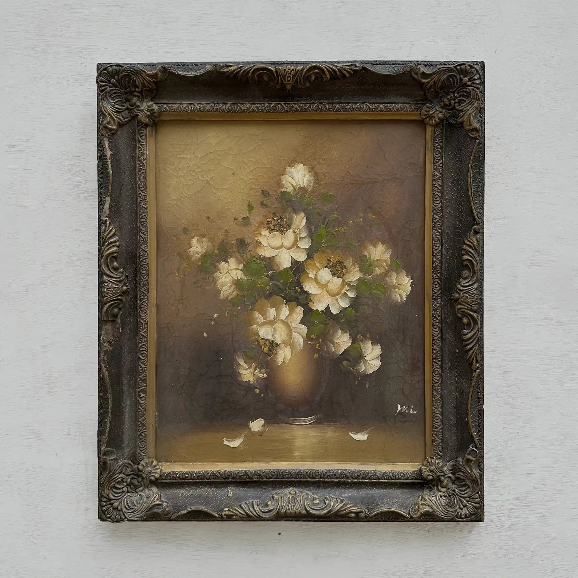 Original Signed Floral Still Life Hand-Painted Oil Painting with Natural Craquelure in Baroque Aged Gold Frame ( with Frame 56 x 66 cm ) - Vintage Oil Painting - Arden Gallery
