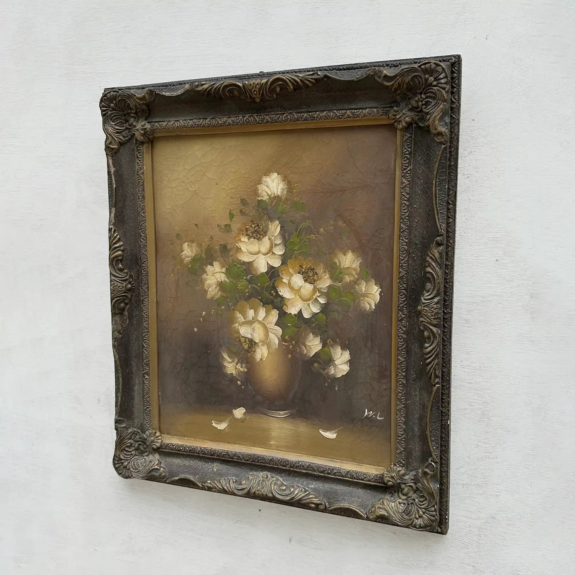 Original Signed Floral Still Life Hand-Painted Oil Painting with Natural Craquelure in Baroque Aged Gold Frame ( with Frame 56 x 66 cm ) - Vintage Oil Painting - Arden Gallery