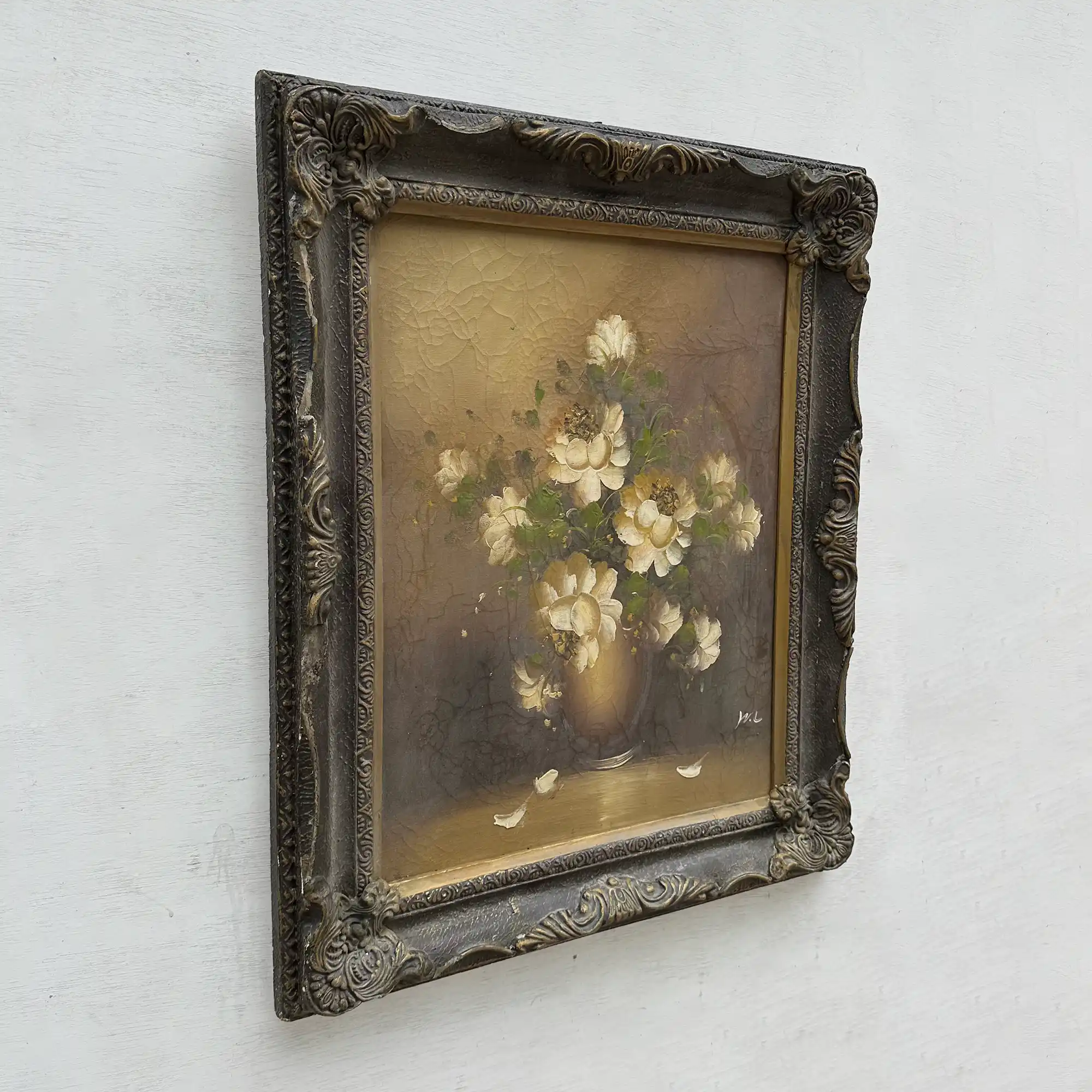 Original Signed Floral Still Life Hand-Painted Oil Painting with Natural Craquelure in Baroque Aged Gold Frame ( with Frame 56 x 66 cm ) - Vintage Oil Painting - Arden Gallery