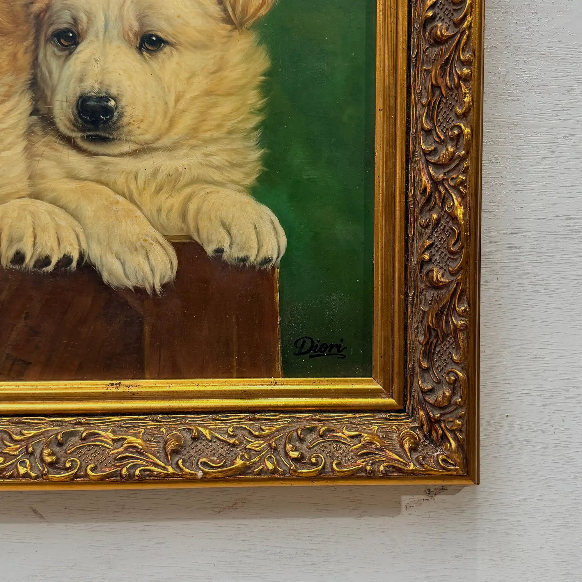 Original Vintage Animal Oil Painting, Two Puppies in Classical Gold Frame - Vintage Oil Painting - Arden Gallery
