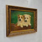 Original Vintage Animal Oil Painting, Two Puppies in Classical Gold Frame - Vintage Oil Painting - Arden Gallery
