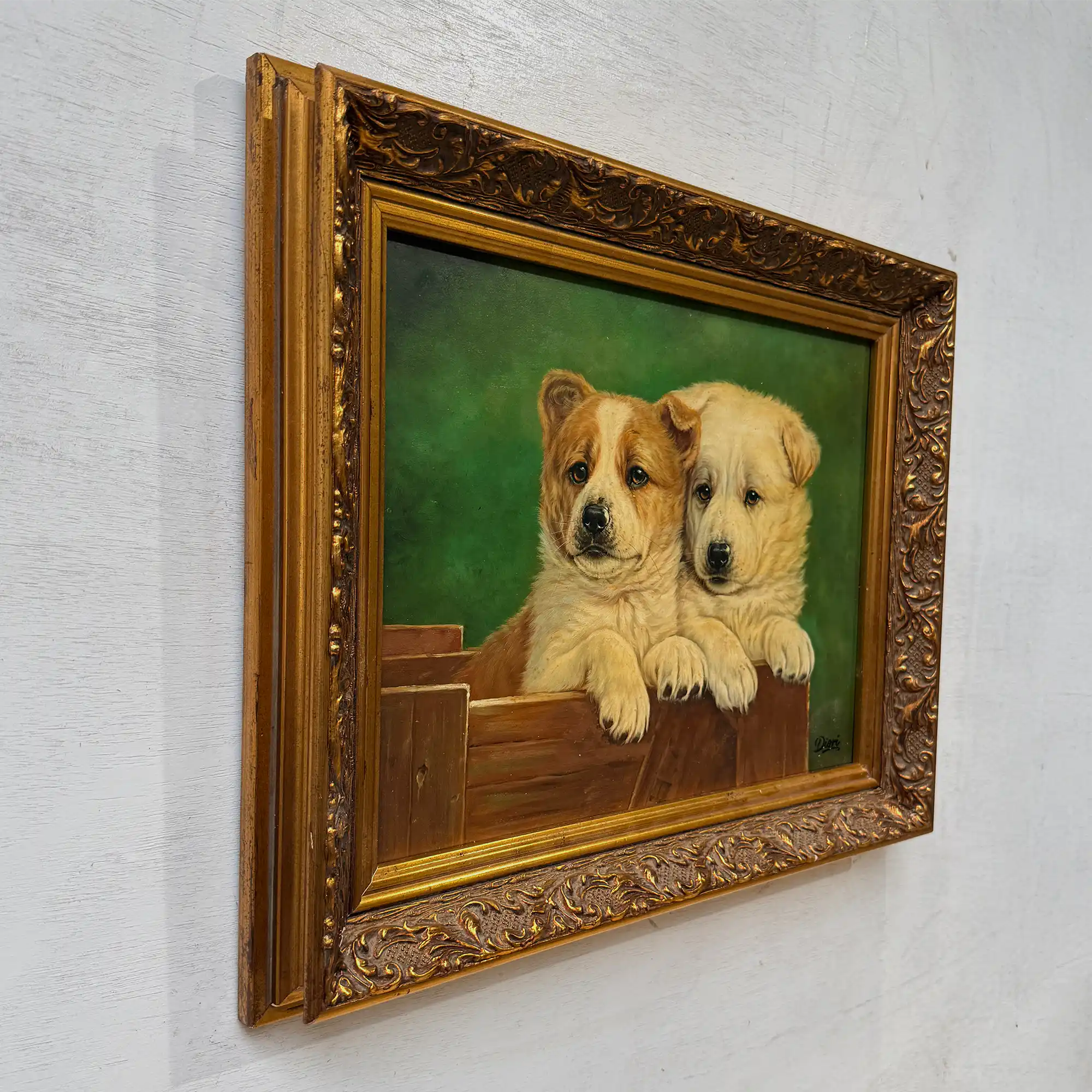 Original Vintage Animal Oil Painting, Two Puppies in Classical Gold Frame - Vintage Oil Painting - Arden Gallery