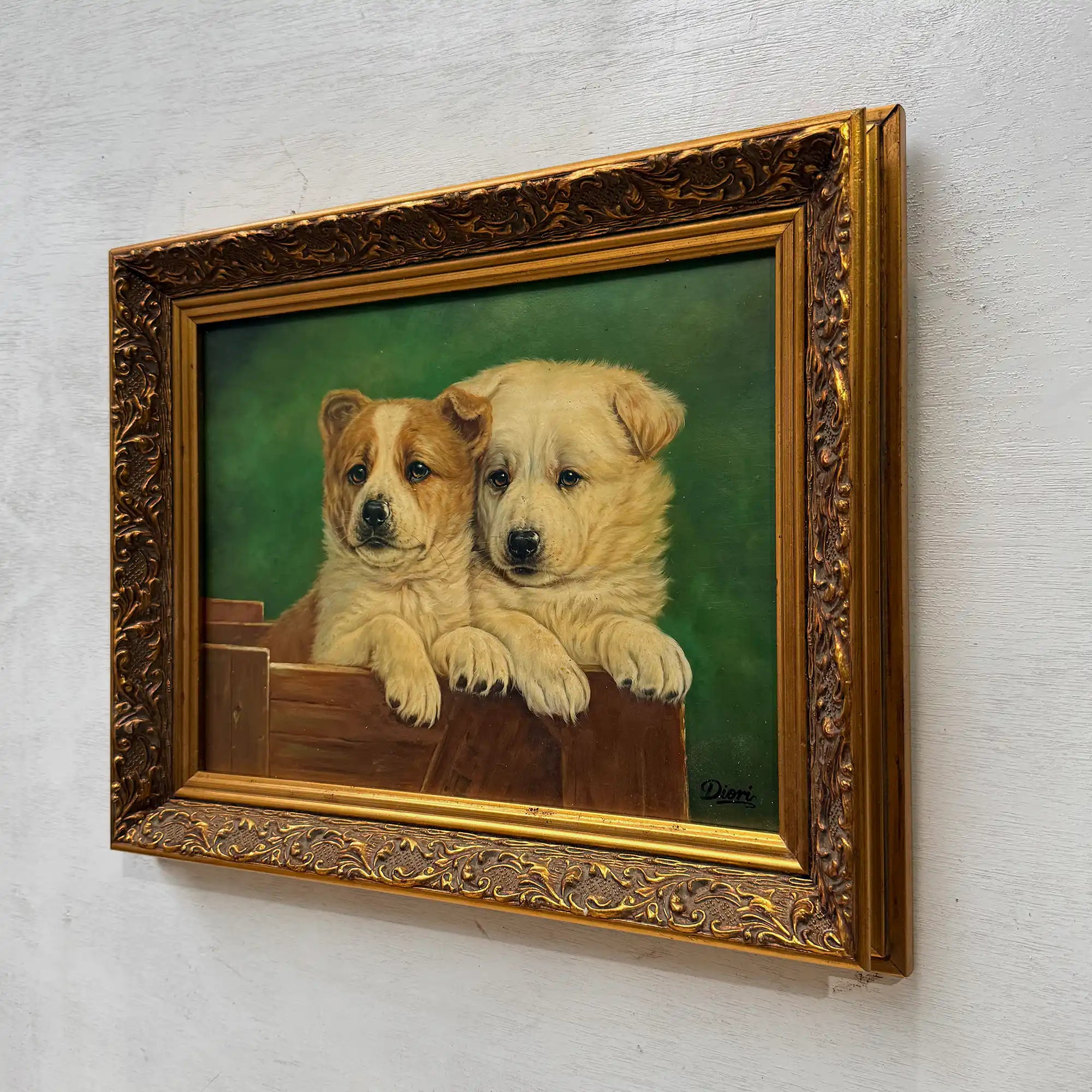 Original Vintage Animal Oil Painting, Two Puppies in Classical Gold Frame - Vintage Oil Painting - Arden Gallery