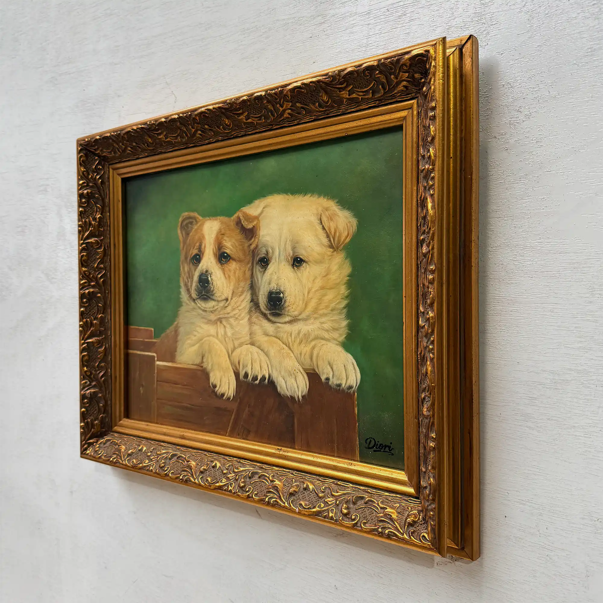 Original Vintage Animal Oil Painting, Two Puppies in Classical Gold Frame - Vintage Oil Painting - Arden Gallery