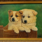 Original Vintage Animal Oil Painting, Two Puppies in Classical Gold Frame - Vintage Oil Painting - Arden Gallery