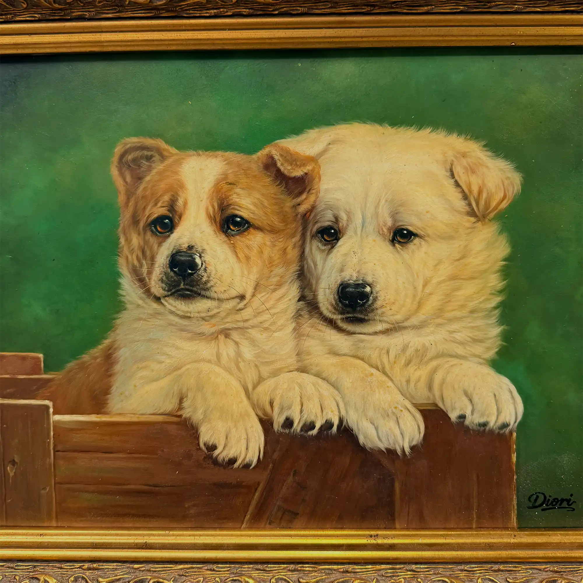 Original Vintage Animal Oil Painting, Two Puppies in Classical Gold Frame - Vintage Oil Painting - Arden Gallery