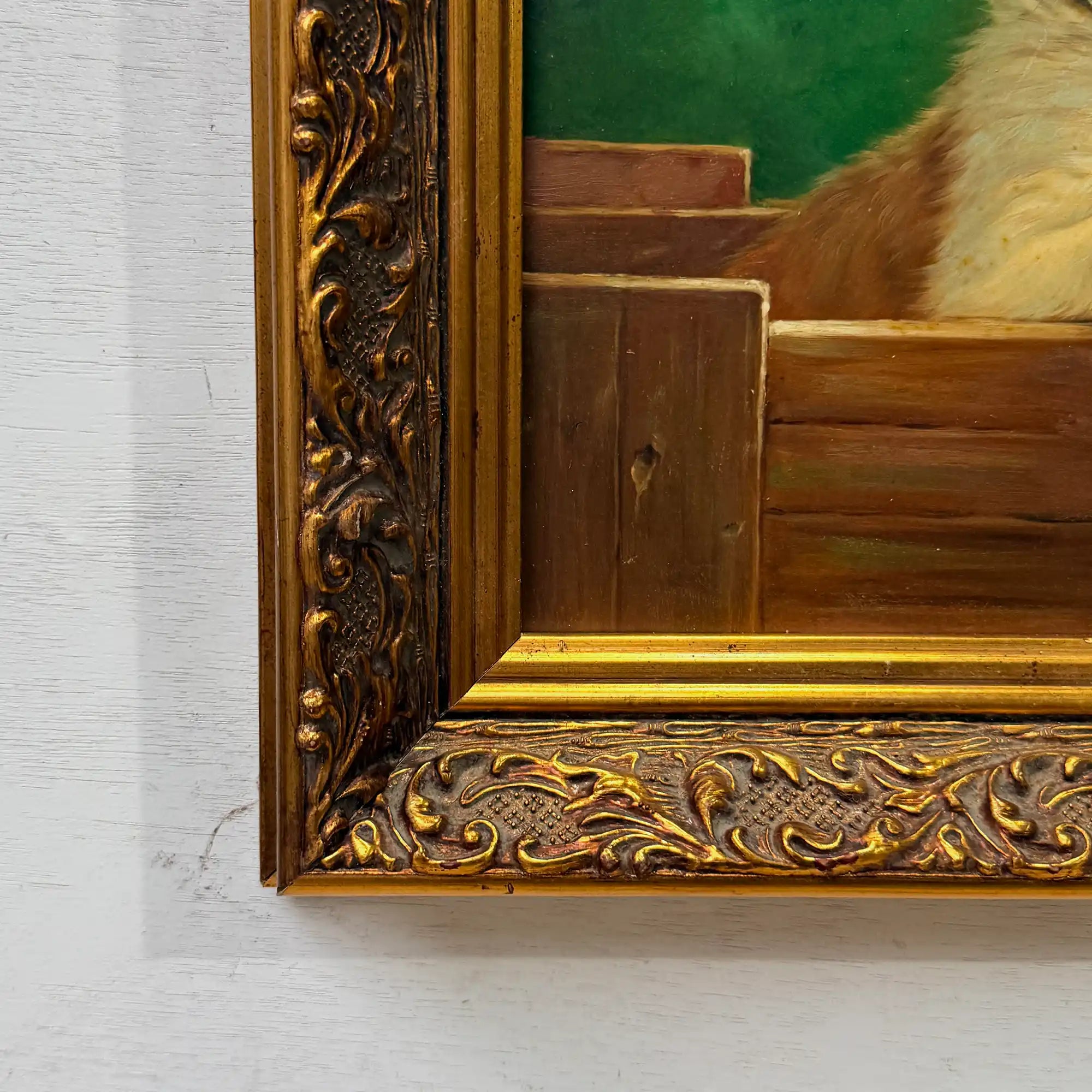 Original Vintage Animal Oil Painting, Two Puppies in Classical Gold Frame - Vintage Oil Painting - Arden Gallery