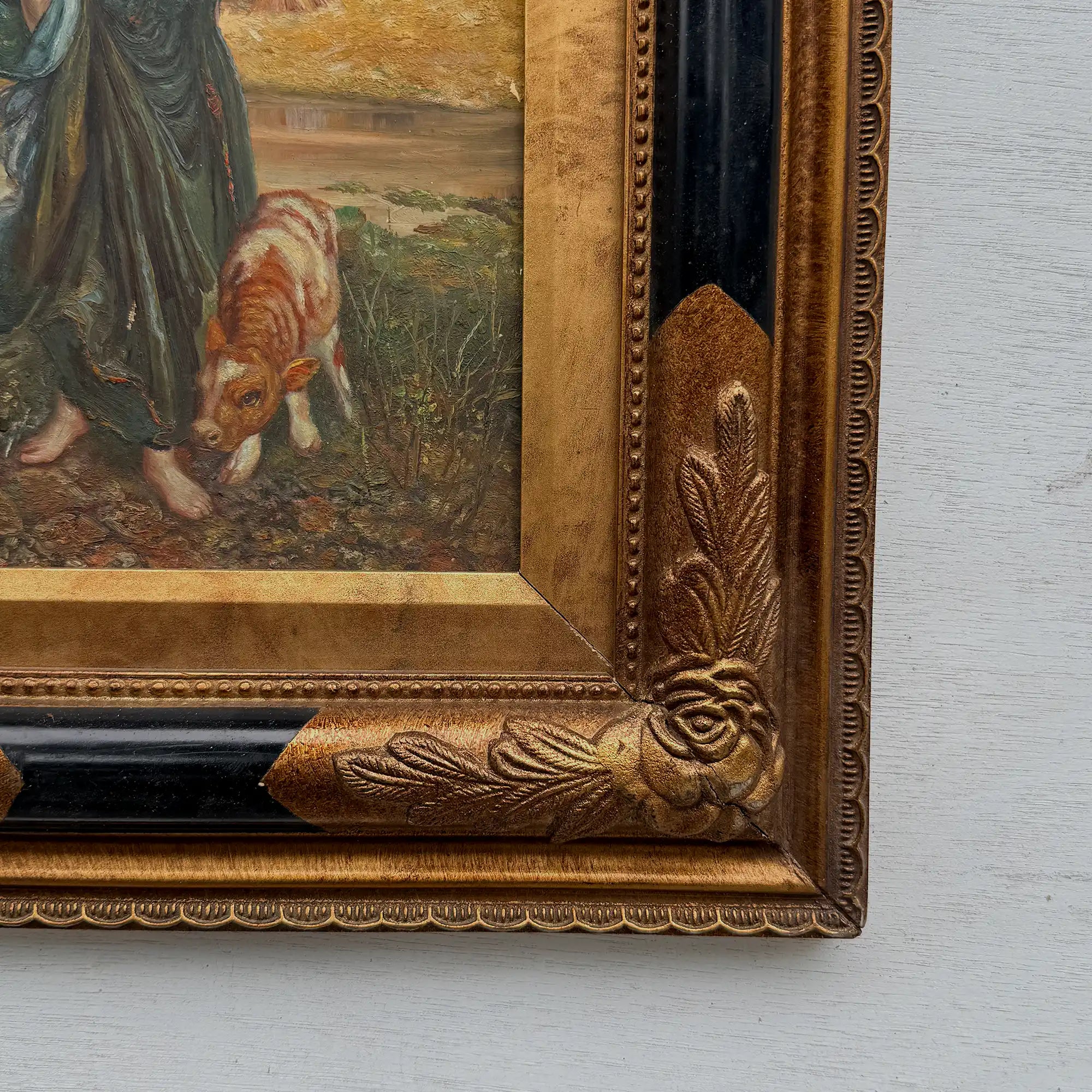Original Vintage European Folk Woman Oil Painting with Lamb, Framed Pastoral Figure Art - Vintage Oil Painting - Arden Gallery