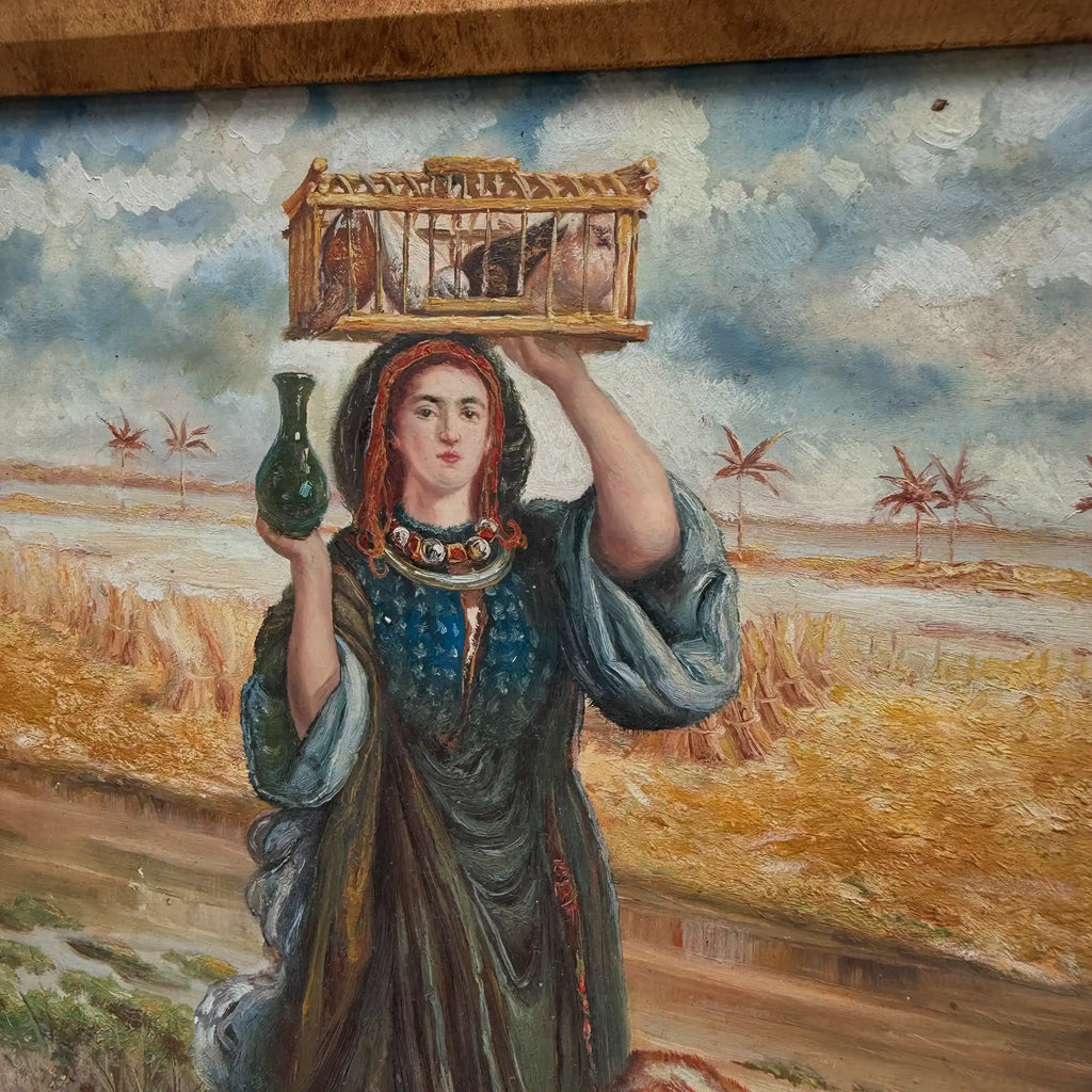 Original Vintage European Folk Woman Oil Painting with Lamb, Framed Pastoral Figure Art - Vintage Oil Painting - Arden Gallery