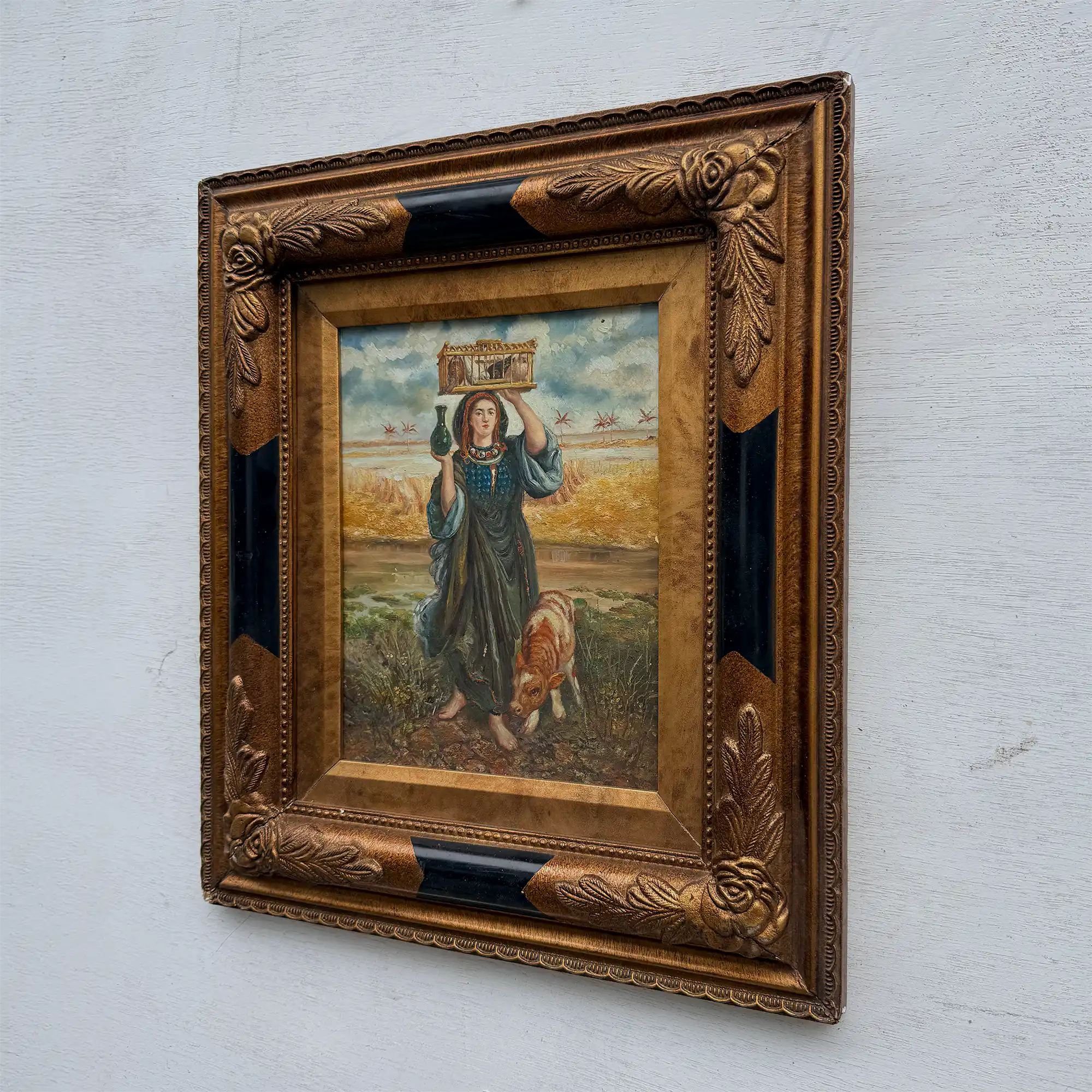 Original Vintage European Folk Woman Oil Painting with Lamb, Framed Pastoral Figure Art - Vintage Oil Painting - Arden Gallery
