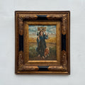 Original Vintage European Folk Woman Oil Painting with Lamb, Framed Pastoral Figure Art - Vintage Oil Painting - Arden Gallery