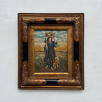 Original Vintage European Folk Woman Oil Painting with Lamb, Framed Pastoral Figure Art - Vintage Oil Painting - Arden Gallery