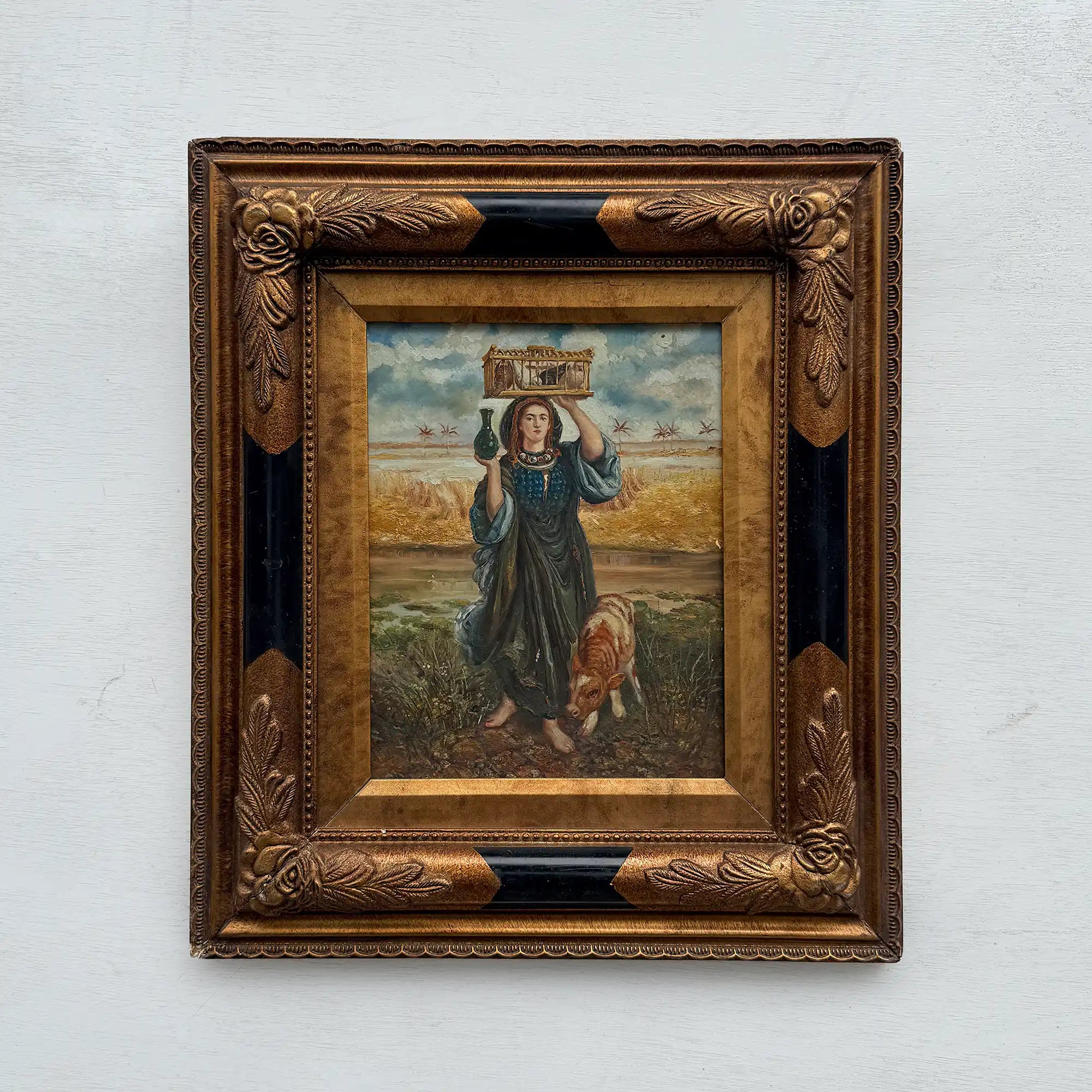 Original Vintage European Folk Woman Oil Painting with Lamb, Framed Pastoral Figure Art - Vintage Oil Painting - Arden Gallery