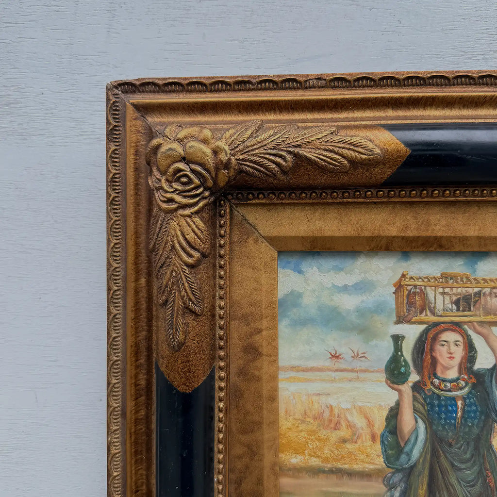 Original Vintage European Folk Woman Oil Painting with Lamb, Framed Pastoral Figure Art - Vintage Oil Painting - Arden Gallery