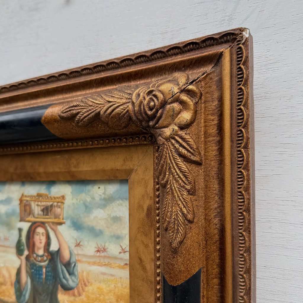 Original Vintage European Folk Woman Oil Painting with Lamb, Framed Pastoral Figure Art - Vintage Oil Painting - Arden Gallery
