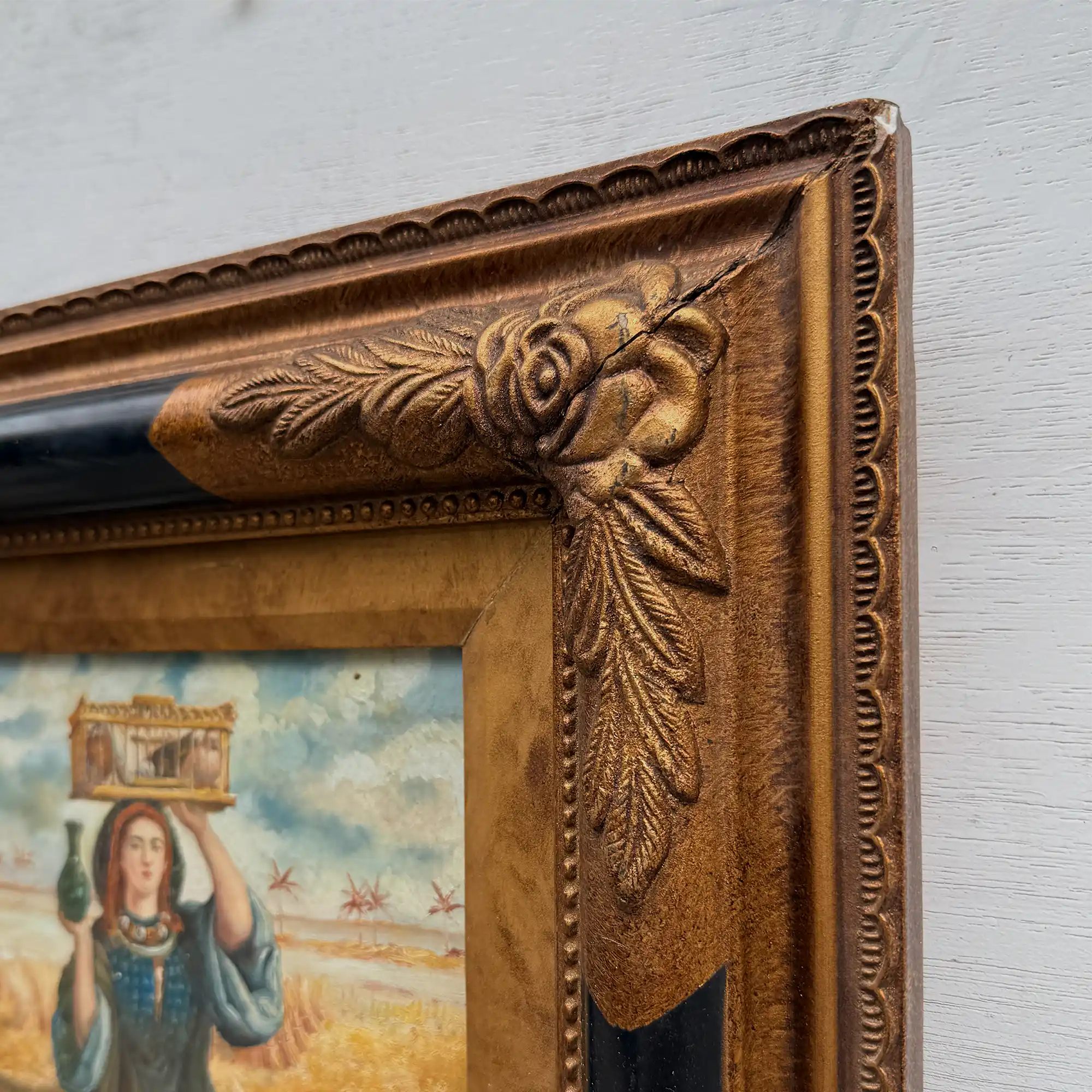 Original Vintage European Folk Woman Oil Painting with Lamb, Framed Pastoral Figure Art - Vintage Oil Painting - Arden Gallery