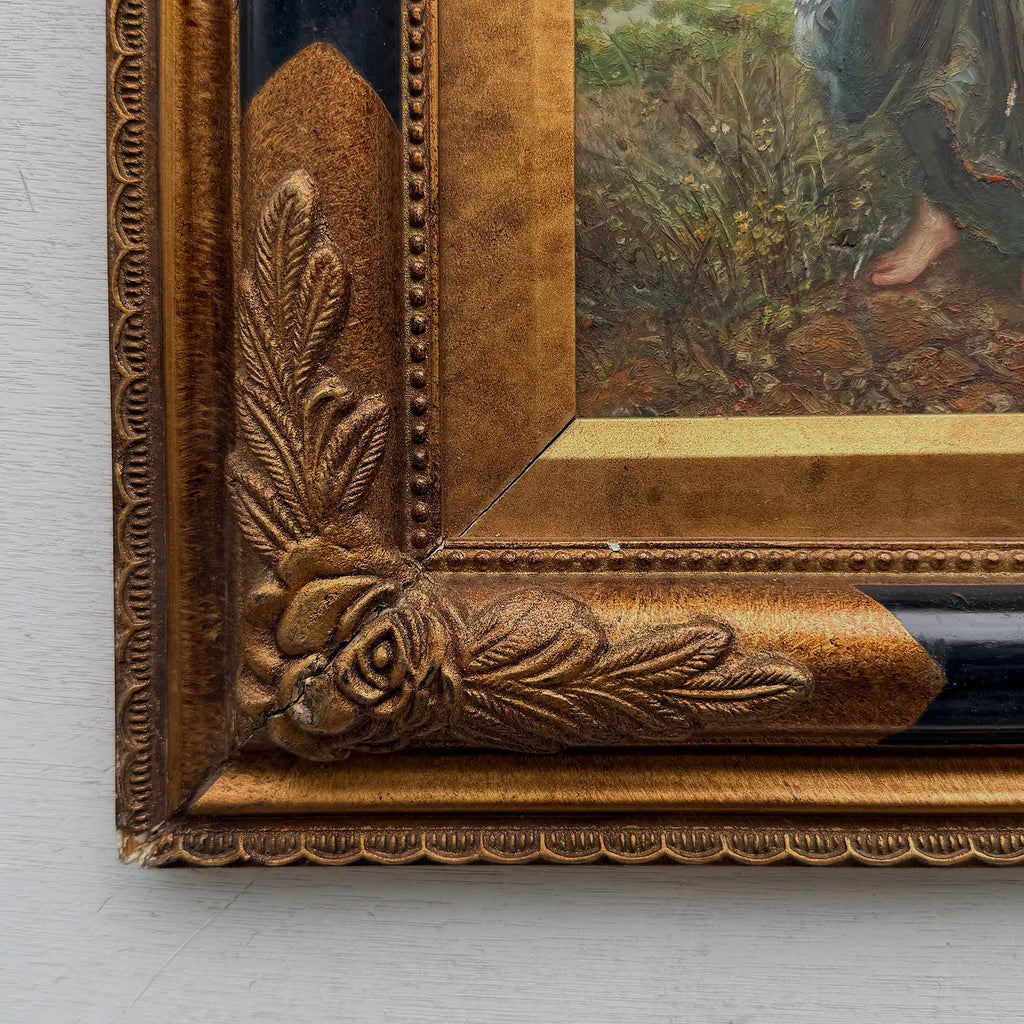 Original Vintage European Folk Woman Oil Painting with Lamb, Framed Pastoral Figure Art - Vintage Oil Painting - Arden Gallery