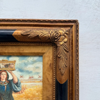 Original Vintage European Folk Woman Oil Painting with Lamb, Framed Pastoral Figure Art - Vintage Oil Painting - Arden Gallery