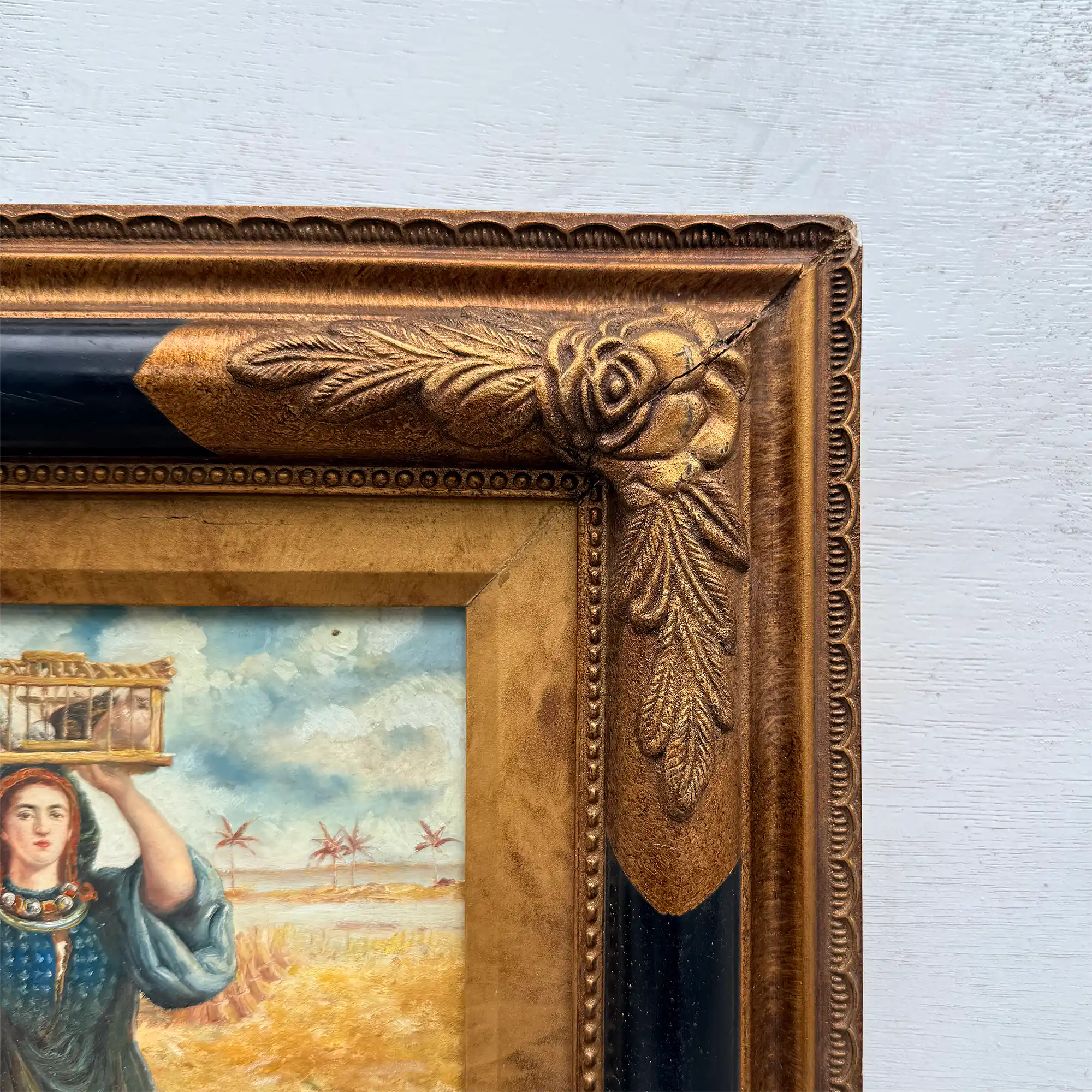 Original Vintage European Folk Woman Oil Painting with Lamb, Framed Pastoral Figure Art - Vintage Oil Painting - Arden Gallery