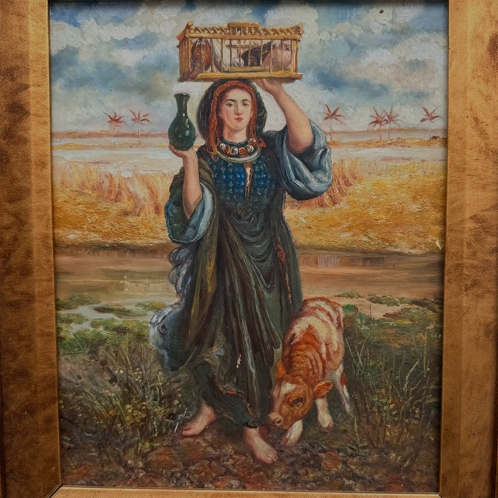Original Vintage European Folk Woman Oil Painting with Lamb, Framed Pastoral Figure Art - Vintage Oil Painting - Arden Gallery