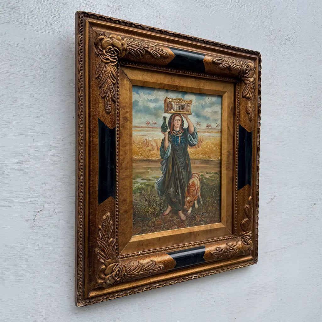 Original Vintage European Folk Woman Oil Painting with Lamb, Framed Pastoral Figure Art - Vintage Oil Painting - Arden Gallery