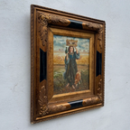 Original Vintage European Folk Woman Oil Painting with Lamb, Framed Pastoral Figure Art - Vintage Oil Painting - Arden Gallery