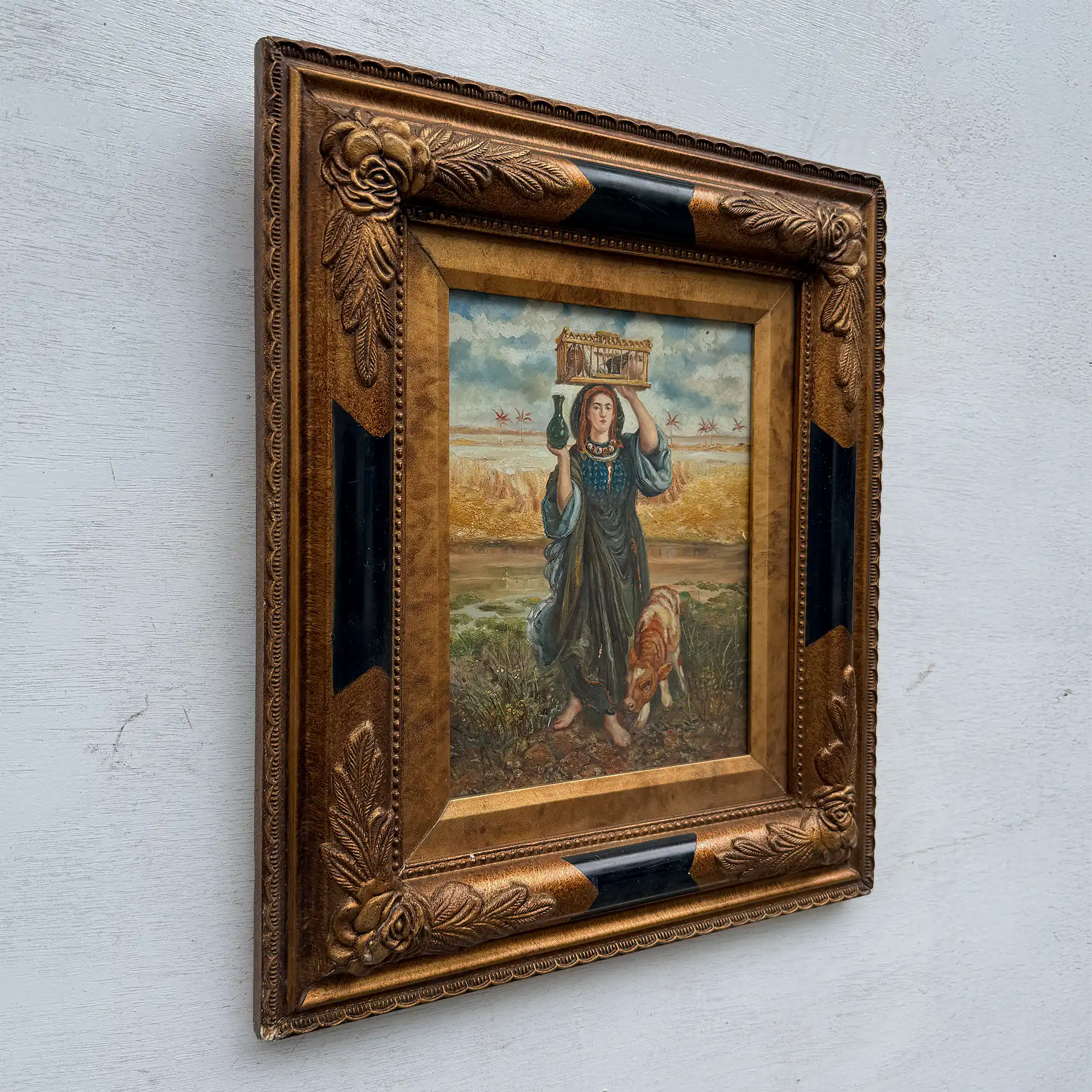 Original Vintage European Folk Woman Oil Painting with Lamb, Framed Pastoral Figure Art - Vintage Oil Painting - Arden Gallery