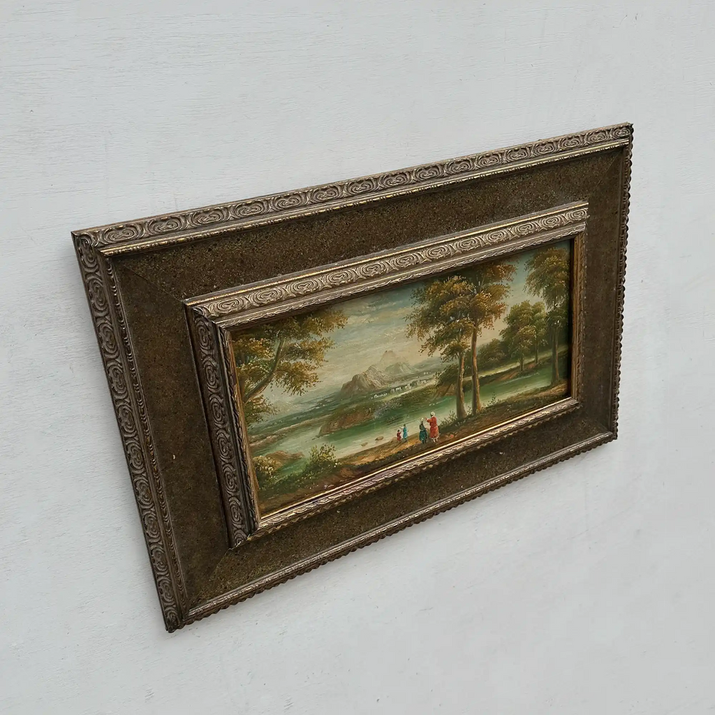 Original Vintage European Lake Landscape Oil Painting, Framed Panoramic Scenic Art  23.2×15.4 in - Vintage Oil Painting - Arden Gallery