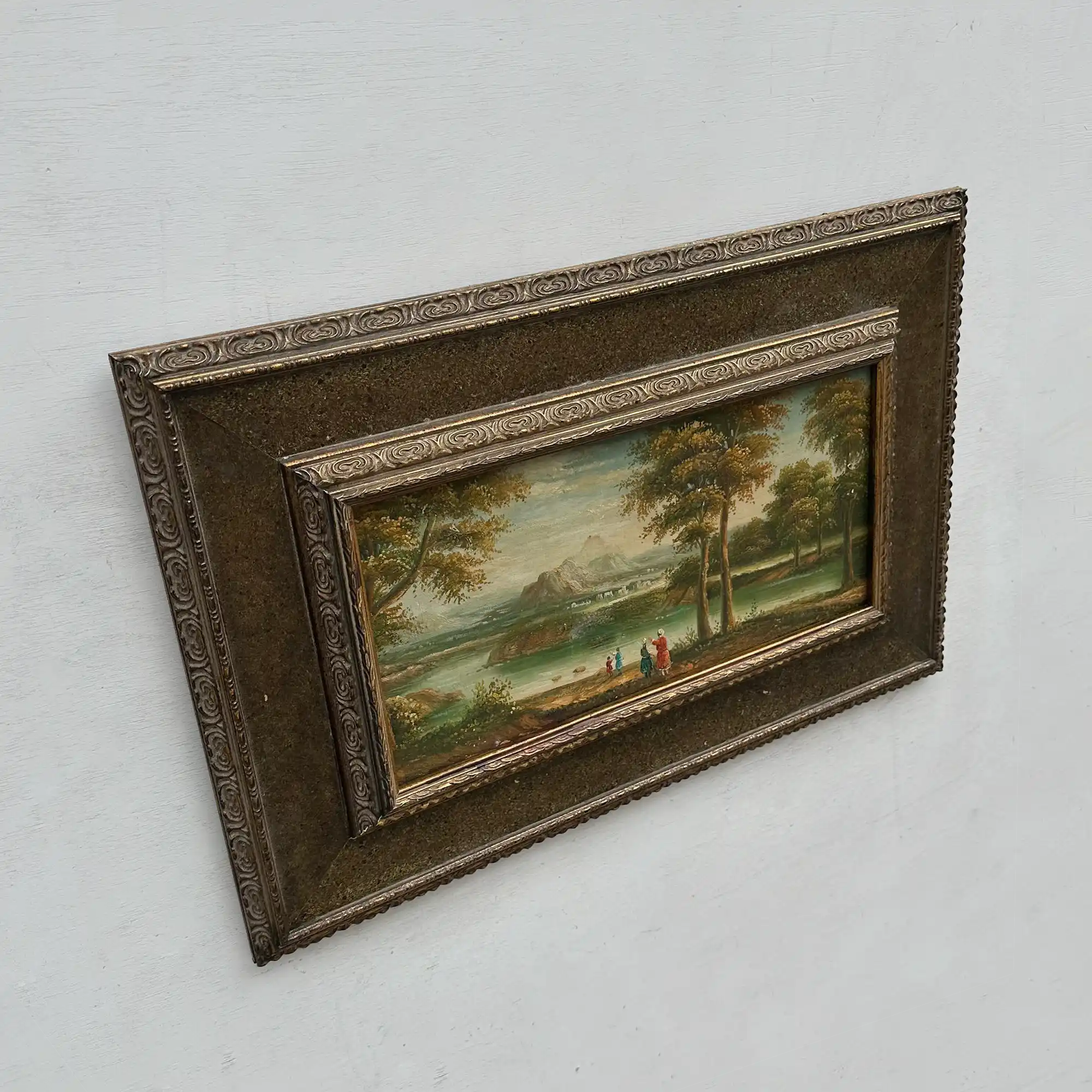 Original Vintage European Lake Landscape Oil Painting, Framed Panoramic Scenic Art  23.2×15.4 in - Vintage Oil Painting - Arden Gallery
