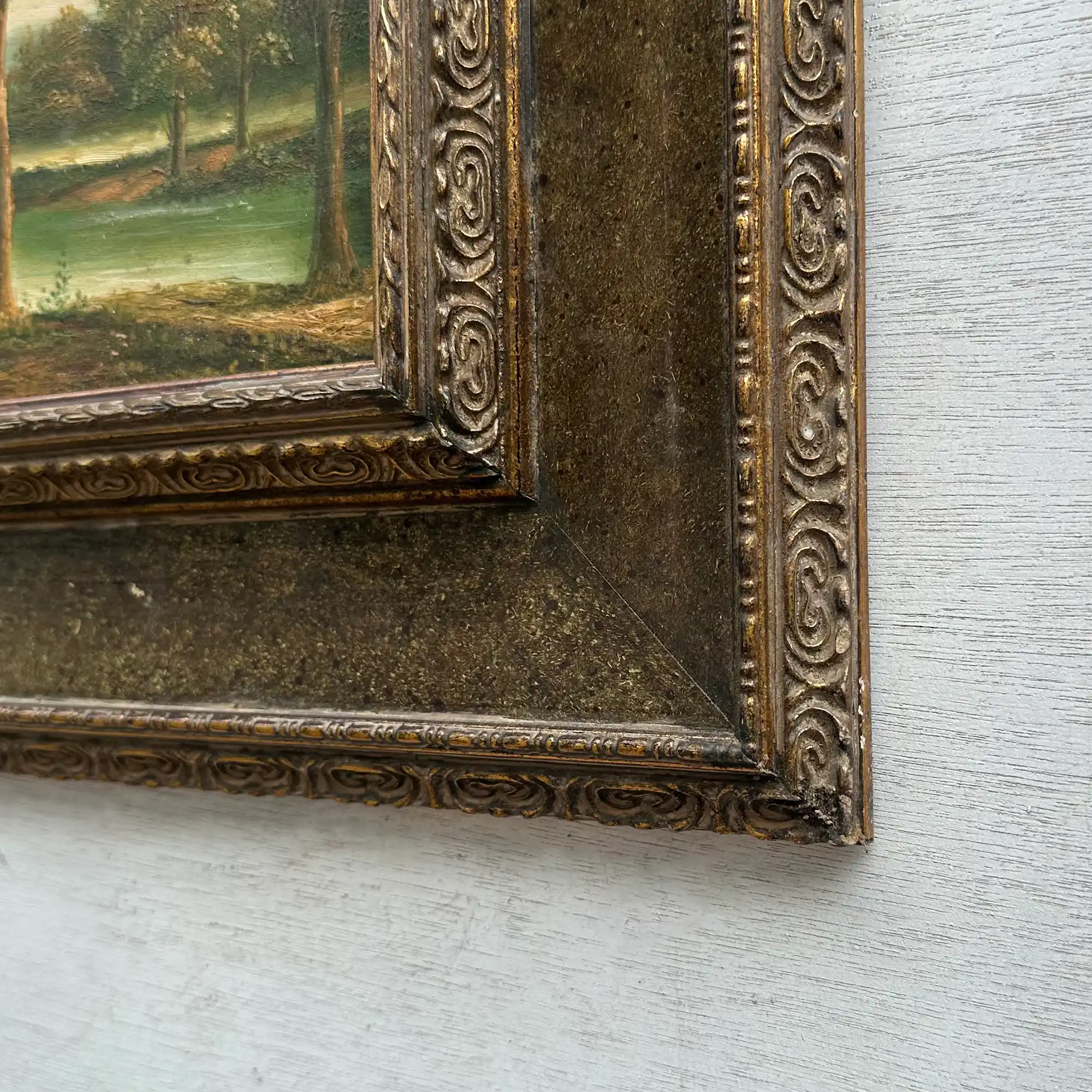 Original Vintage European Lake Landscape Oil Painting, Framed Panoramic Scenic Art  23.2×15.4 in - Vintage Oil Painting - Arden Gallery