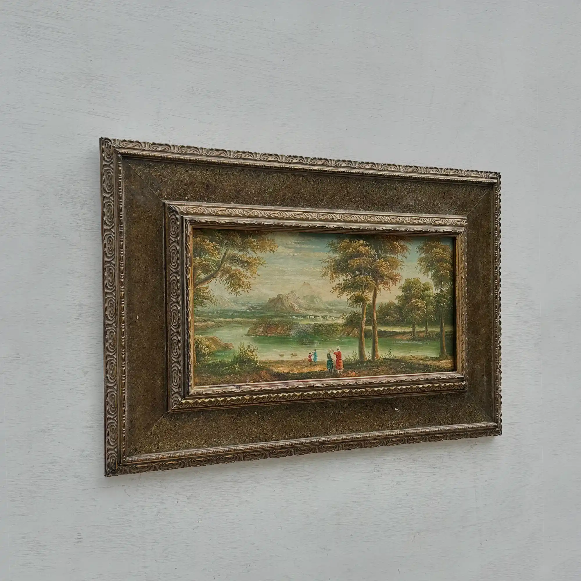 Original Vintage European Lake Landscape Oil Painting, Framed Panoramic Scenic Art  23.2×15.4 in - Vintage Oil Painting - Arden Gallery