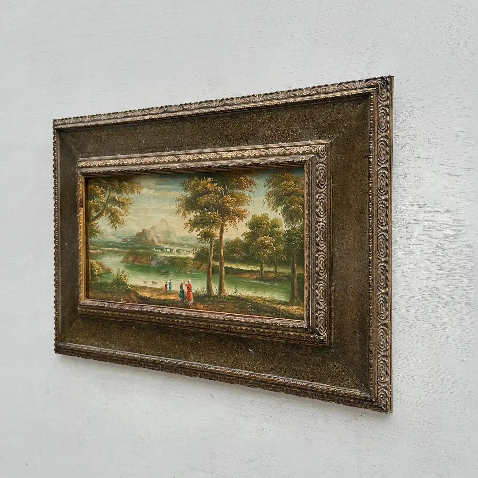 Original Vintage European Lake Landscape Oil Painting, Framed Panoramic Scenic Art  23.2×15.4 in - Vintage Oil Painting - Arden Gallery