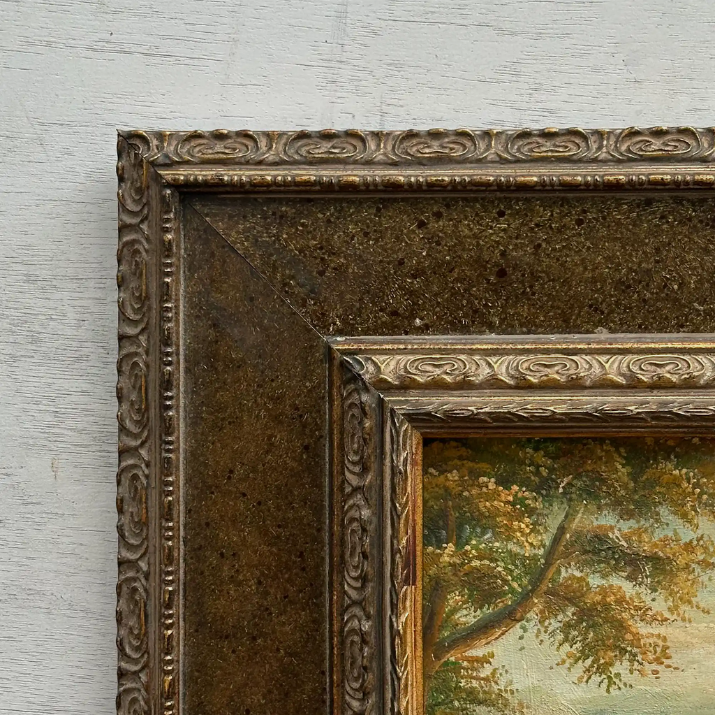 Original Vintage European Lake Landscape Oil Painting, Framed Panoramic Scenic Art  23.2×15.4 in - Vintage Oil Painting - Arden Gallery
