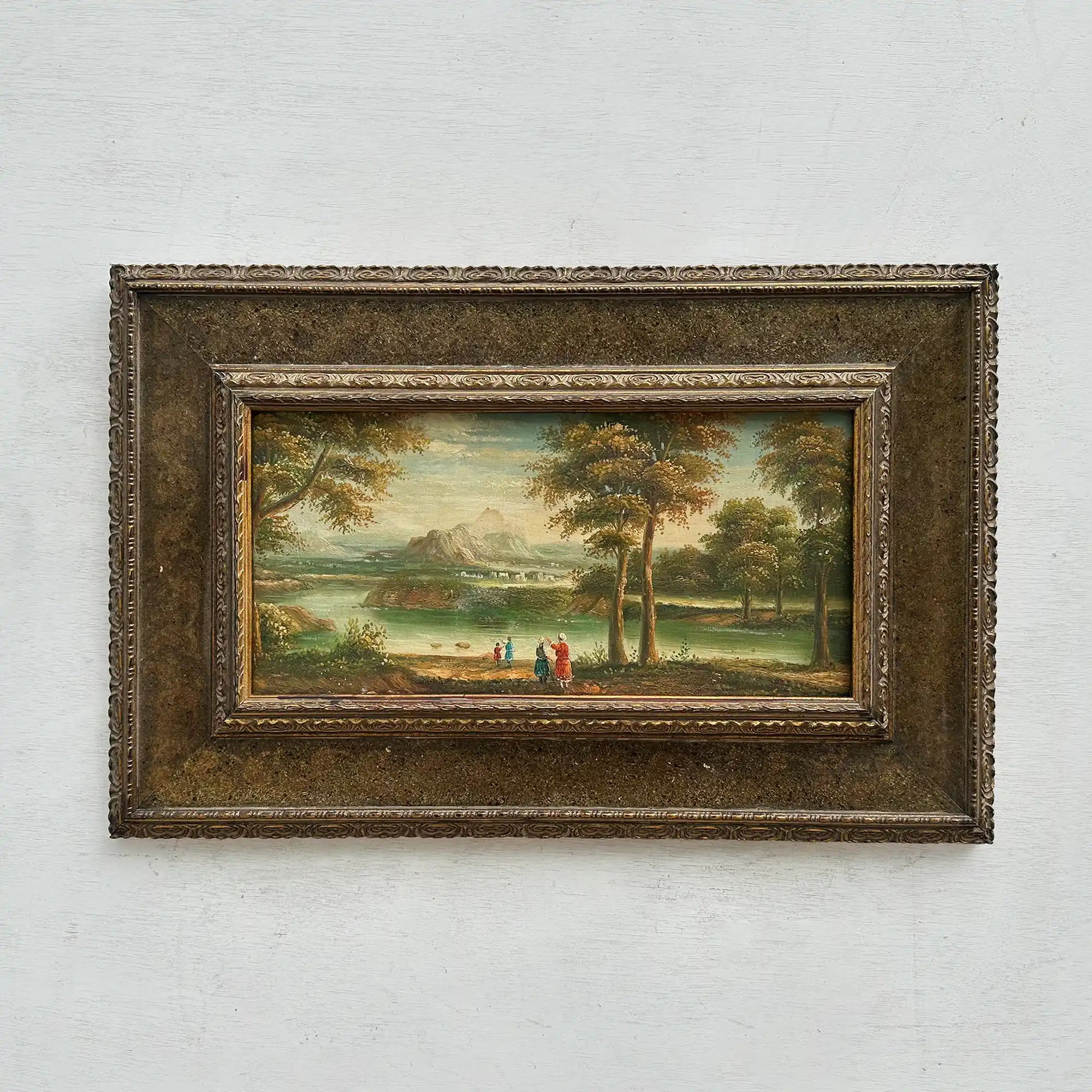 Original Vintage European Lake Landscape Oil Painting, Framed Panoramic Scenic Art  23.2×15.4 in - Vintage Oil Painting - Arden Gallery
