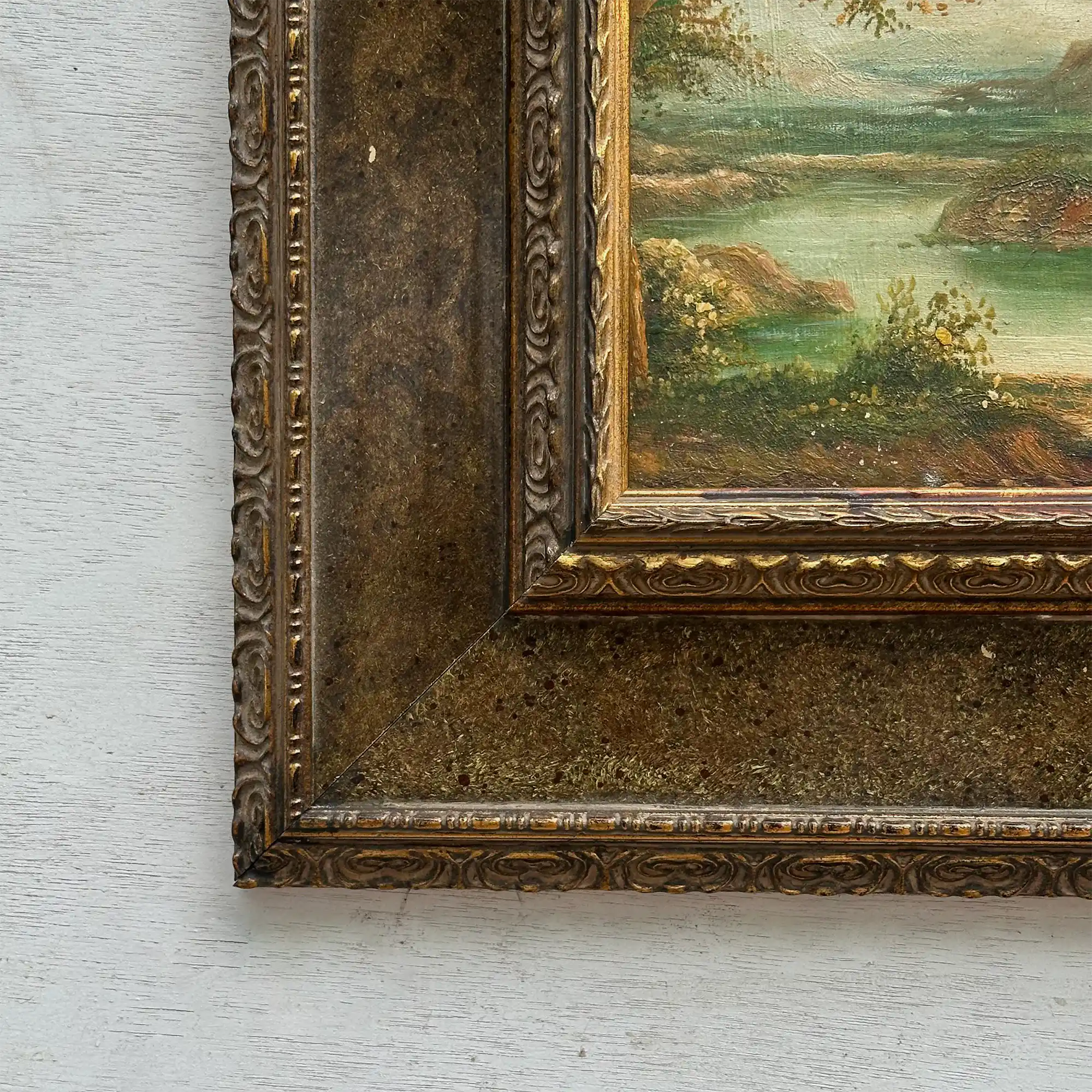 Original Vintage European Lake Landscape Oil Painting, Framed Panoramic Scenic Art  23.2×15.4 in - Vintage Oil Painting - Arden Gallery