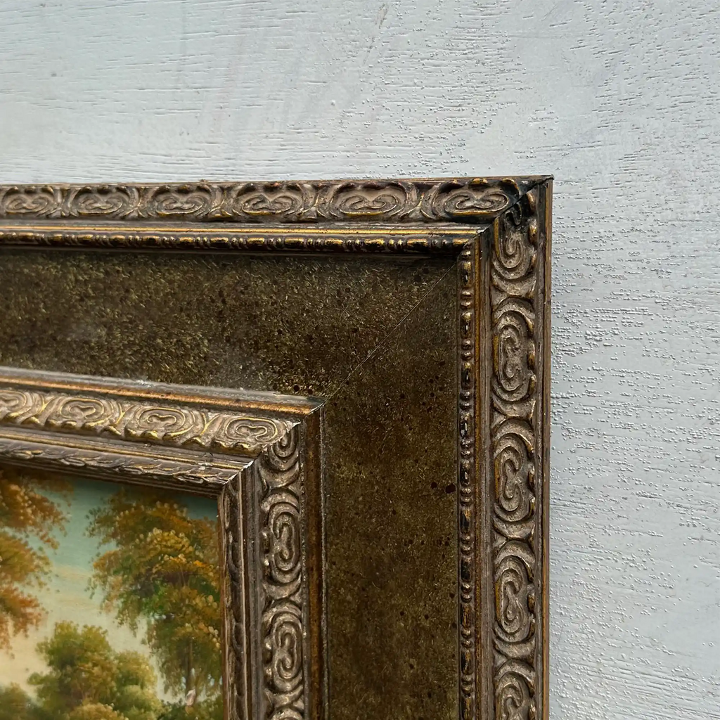 Original Vintage European Lake Landscape Oil Painting, Framed Panoramic Scenic Art  23.2×15.4 in - Vintage Oil Painting - Arden Gallery
