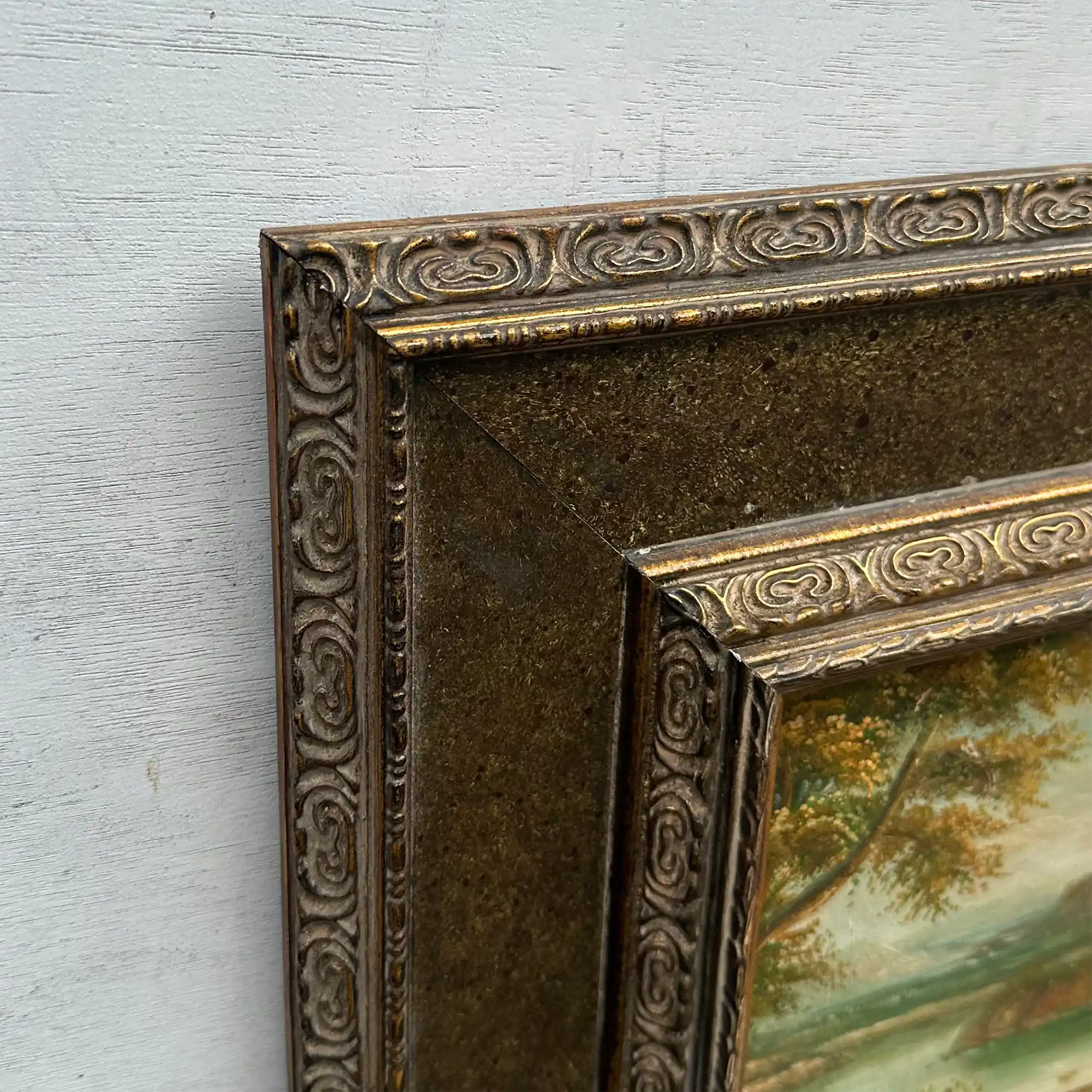 Original Vintage European Lake Landscape Oil Painting, Framed Panoramic Scenic Art  23.2×15.4 in - Vintage Oil Painting - Arden Gallery