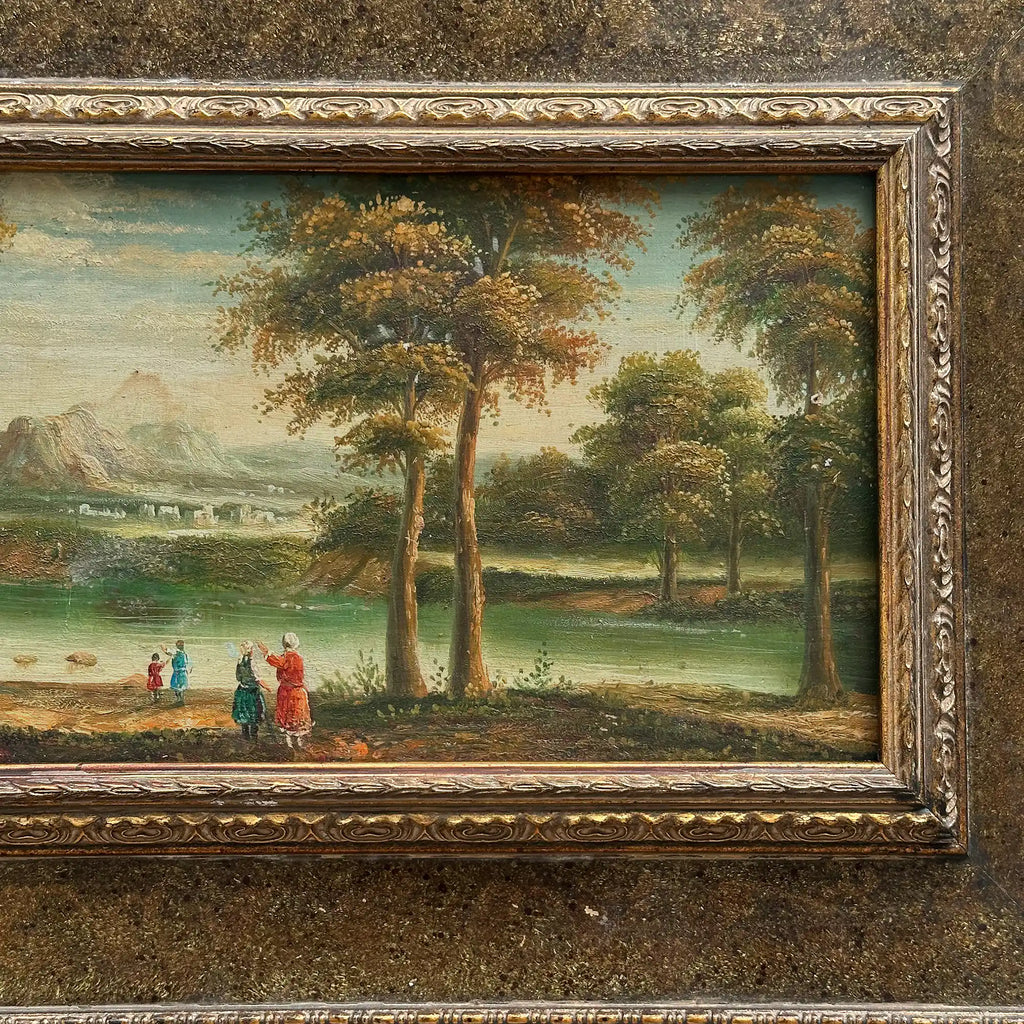 Original Vintage European Lake Landscape Oil Painting, Framed Panoramic Scenic Art  23.2×15.4 in - Vintage Oil Painting - Arden Gallery